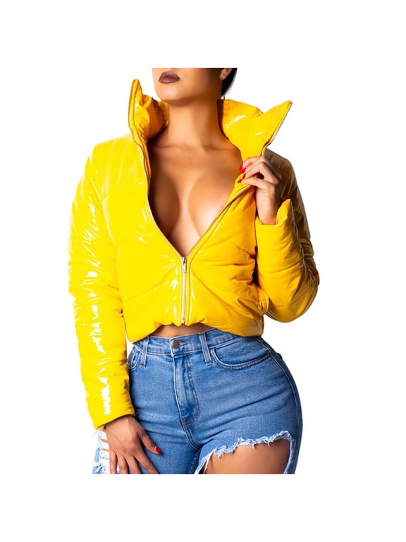 2026 Women's Down Jacket Shiny PU Leather Zipper Front Quilted Short Puffer Coat Winter Fashion Patent Leather Bright Outwear