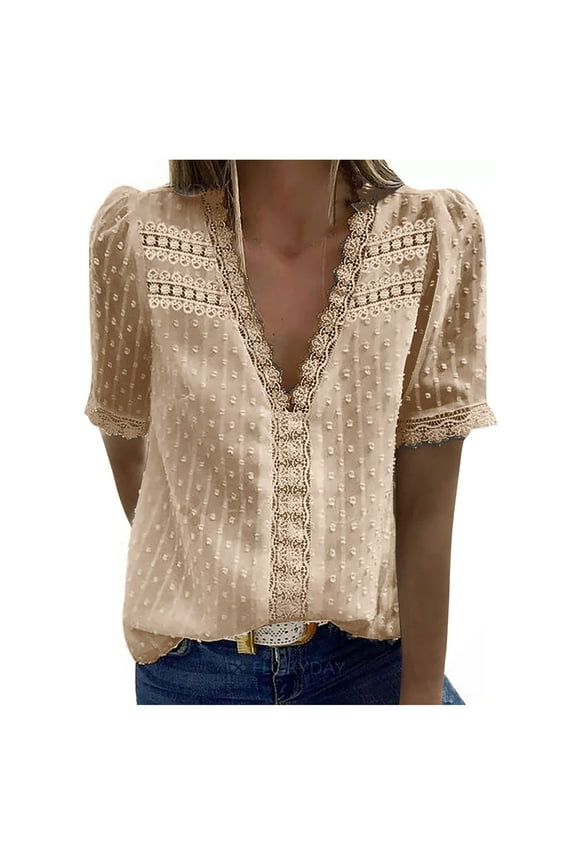 2025 Women's Lace Crochet Blouses Elegant V Neck Short Sleeve Tops Sweet Cute Loose Shirt