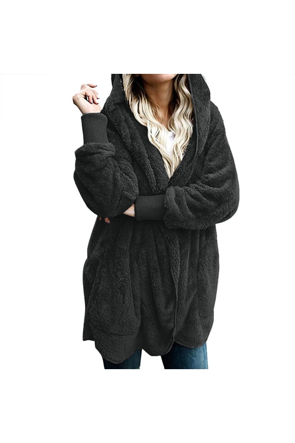 2025 Women's Long Sleeve Plush Cardigan Hoodie Coat Oversized Loose Fit Jackets with Pockets Fall Winter Soft Comfy Open Front Hooded Sweater Trendy Solid Warm Outwear