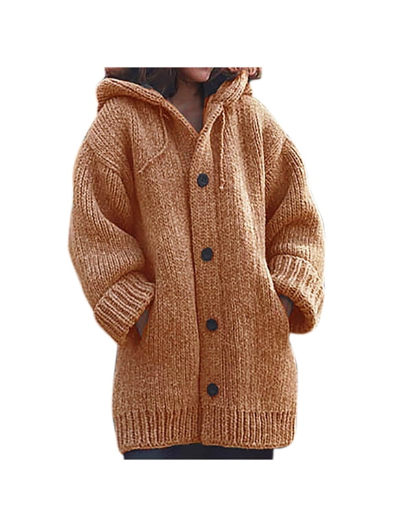 2026 Women's Mid-weight Thicken Long Sleeve Button Down Casual Knitted Jacket Plus Size Hooded Cardigan Sweaters, Women 2026 Casual Jacket