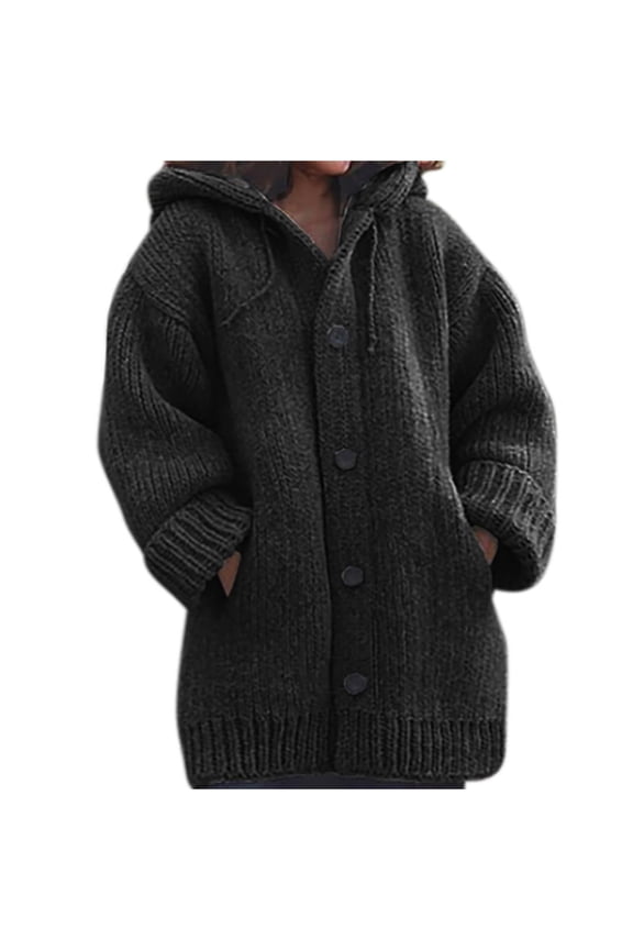 2026 Women's Mid-weight Thicken Long Sleeve Button Down Casual Knitted Jacket Plus Size Hooded Cardigan Sweaters, Women 2026 Casual Jacket
