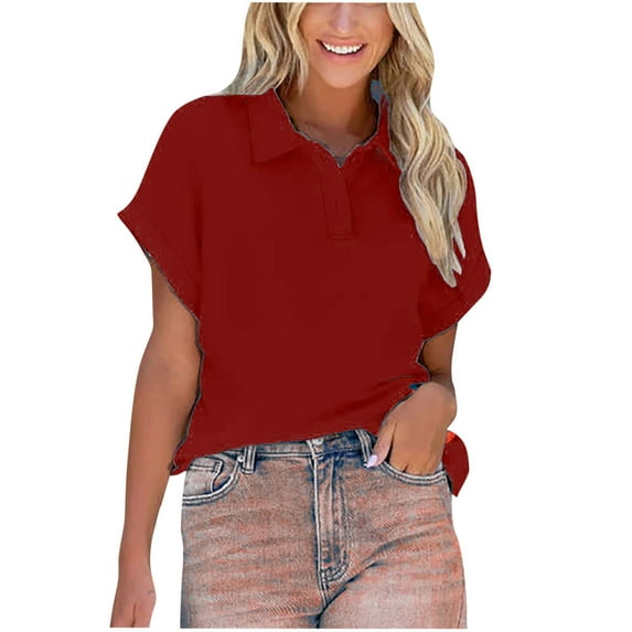 VEKDONE 2025 Women's Short Sleeve Shirt Plus Size Top Summer Loose Fit Lapel Collar Solid Color T-Shirt Blouse