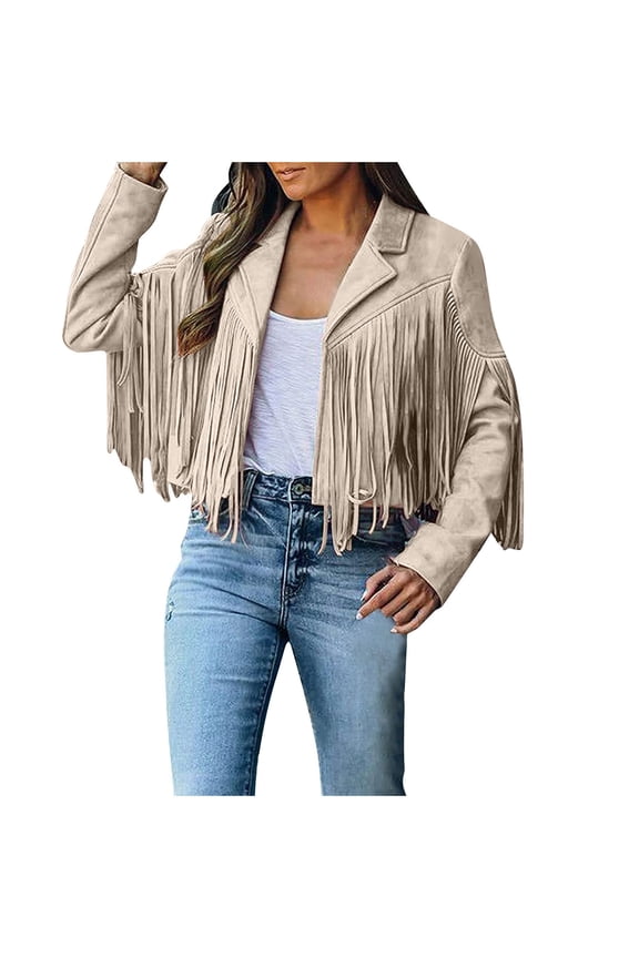 2026 Womens Cropped Tassel Jackets Casual Faux Suede Leather Jacket Long Sleeve Lapel Cardigan Coat Fall Casual Warm Blouse 2026 Dressy Trendy Moto Outwear