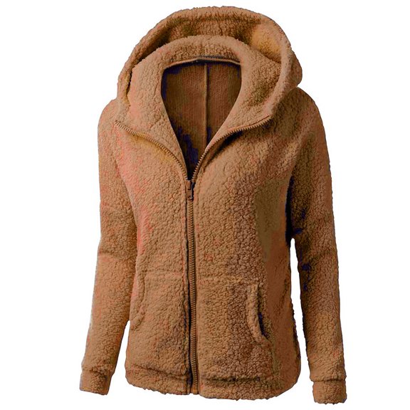 VEKDONE Womens Fleece Hoodis Coat Long Sleeve Zipper Jackets with Pockets Fall Winter Warm Open Front Plush Outwear Solid Color Sweater Comfy Jacket Blouse