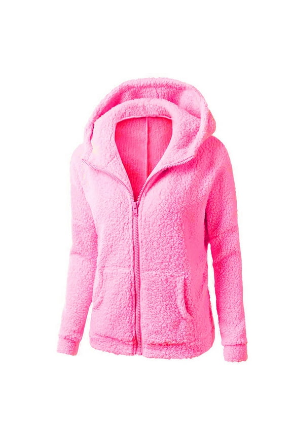 2026 Womens Fleece Hoodis Coat Long Sleeve Zipper Jackets with Pockets Fall Winter Warm Open Front Plush Outwear Solid Color Sweater Comfy Jacket Blouse