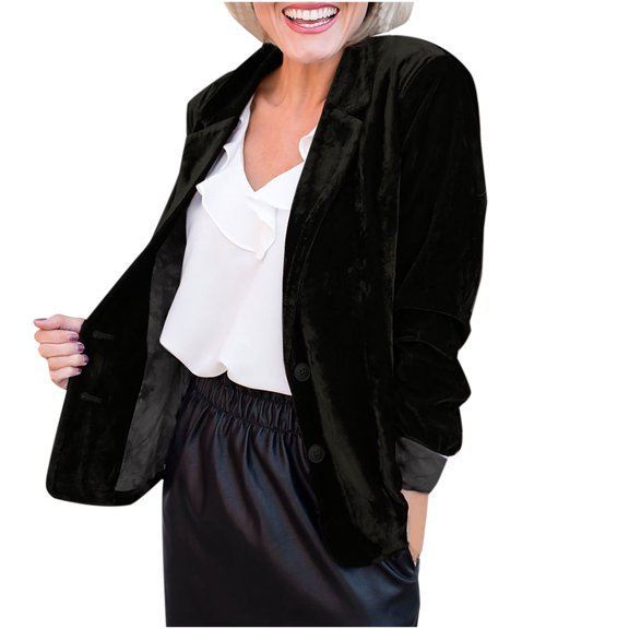 VEKDONE 2026 Womens Velvet Blazer Cozy Lightweight Outerwear Retro Buttons Long Sleeve Pokets Jacket Cardigan Coat Party Blazers Black L