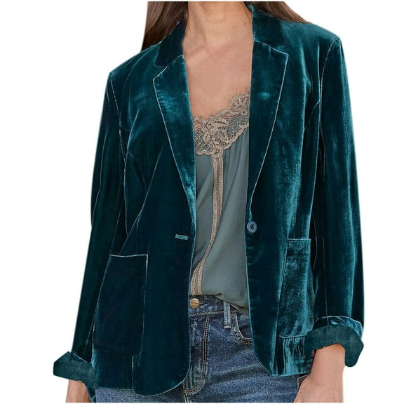 VEKDONE 2025 Clearance Womens Velvet Blazer Cozy Lightweight Outerwear Retro Buttons Long Sleeve Pokets Jacket Cardigan Coat Party Blazers Green XL