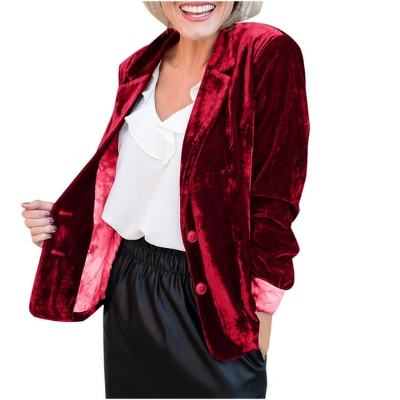 VEKDONE 2025 Clearance Womens Velvet Blazer Cozy Lightweight Outerwear Retro Buttons Long Sleeve Pokets Jacket Cardigan Coat Party Blazers Wine XL