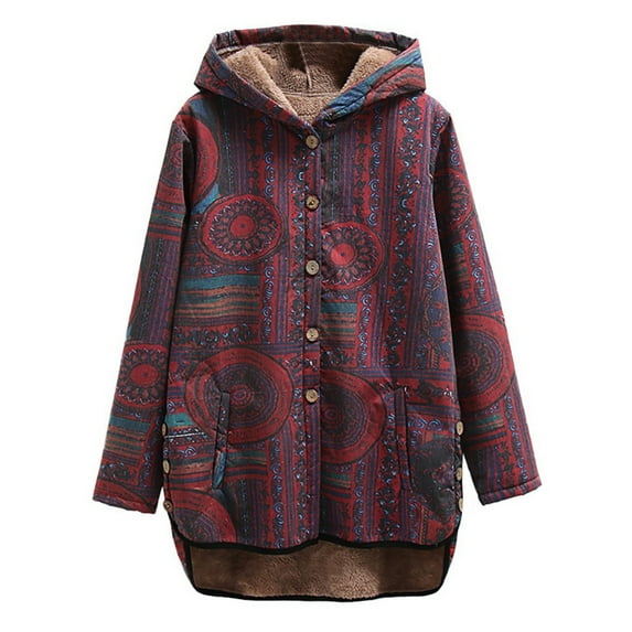 VEKDONE 2025 Clearance Womens Vintage Jackets Parka Plaid Block Patchwork Hooded Cotton Quilted Warm Padded Long Loose Coats Winter Plus Size