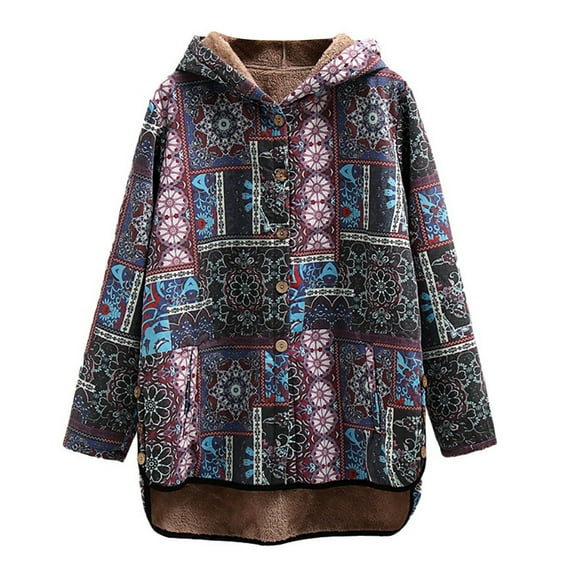 VEKDONE 2025 Clearance Womens Vintage Jackets Parka Plaid Block Patchwork Hooded Cotton Quilted Warm Padded Long Loose Coats Winter Plus Size