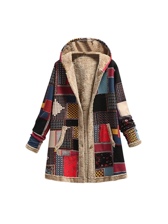 2025 Clearance Womens Vintage Jackets Parka Plaid Block Patchwork Hooded Cotton Quilted Warm Padded Long Loose Coats Winter Plus Size