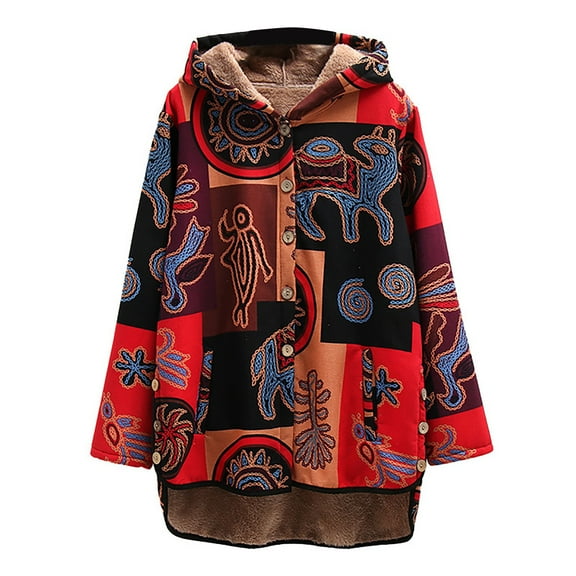 VEKDONE 2025 Clearance Womens Vintage Jackets Parka Plaid Block Patchwork Hooded Cotton Quilted Warm Padded Long Loose Coats Winter Plus Size