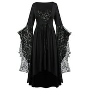 VEKDONE 2025 Clearence Women's Plus Size Costumes Lace-Up Bandage Long Dress Lace Print Trumpet Long Sleeve Retro Prom Dress