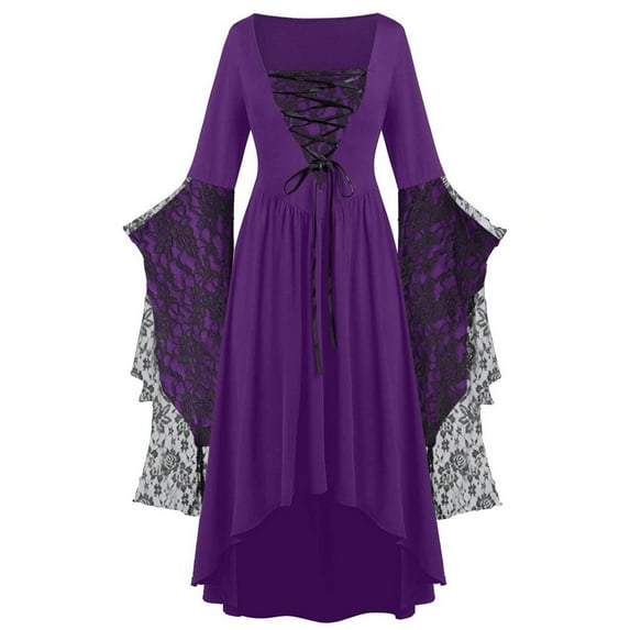 VEKDONE 2025 Clearence Women's Plus Size Costumes Lace-Up Bandage Long Dress Lace Print Trumpet Long Sleeve Retro Prom Dress