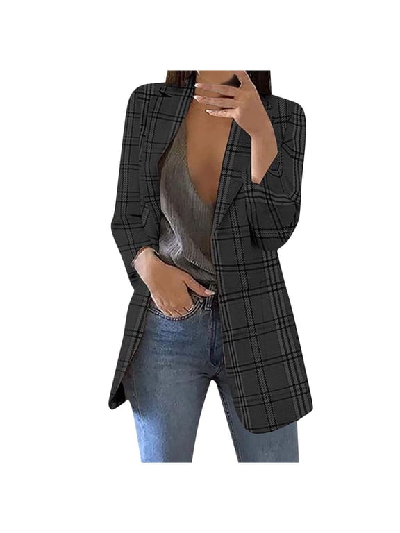 2025 Fall Deal Womens Cardigan Blazers Jackets Long Sleeve Slim Plaid Jacket Casual Lightweight Comfy Coat with Pockets Plus Size Business Work Office Blazer Outwaear Blouse