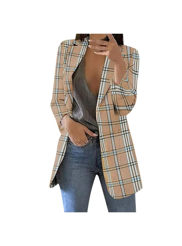 VEKDONE 2025 Fall Deal Womens Cardigan Blazers Jackets Long Sleeve Slim Plaid Jacket Casual Lightweight Comfy Coat with Pockets Plus Size Business Work Office Blazer Outwaear Blouse