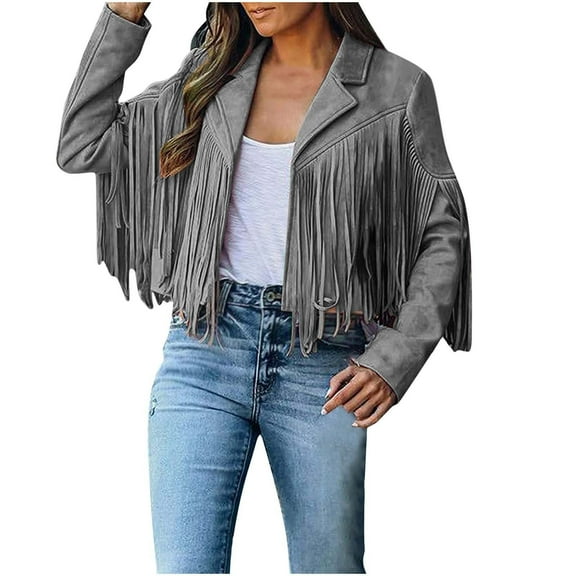 VEKDONE 2026 Women's Faux Suede Leather Jackets Slim Fit Cropped Fringe Coat Fall Trendy Warm Motor Jacket 2026 Long Sleeve Lapel Cardigan Outwear