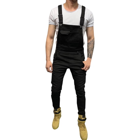 VEKDONE 2025 Men's Casual Denim Bib Overalls Slim One-Piece Jumpsuits Washed Jeans Ripped Long Rompers Trousers A Black,XX-Large