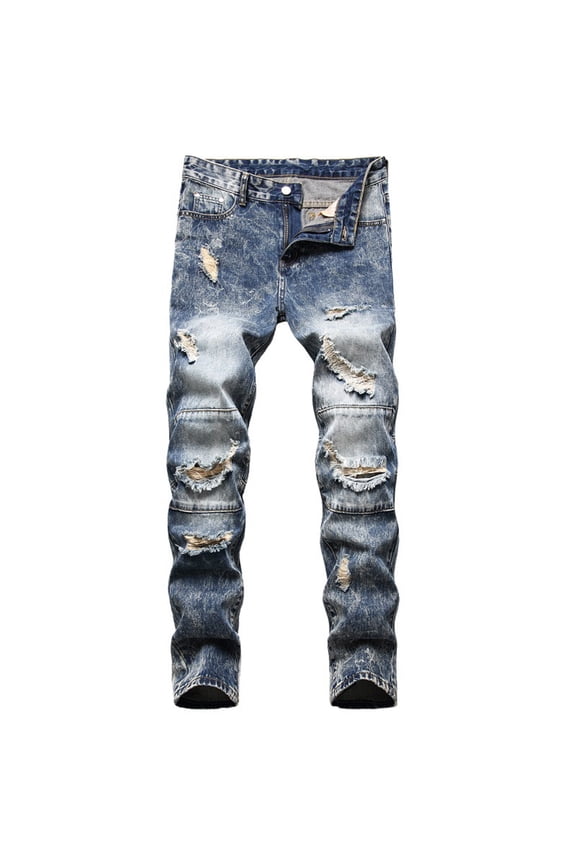 2025 Men's Jeans Summer Stretchy Ripped Skinny Biker Jeans Taped Slim Fit Denim Pants Long Pants A Blue,4X-Large