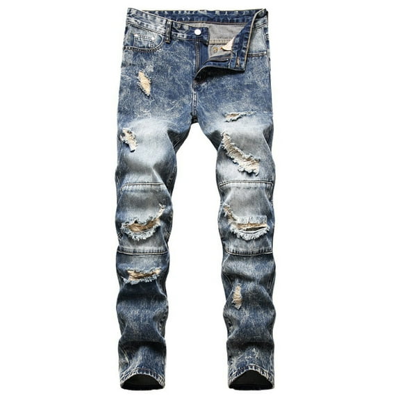 VEKDONE 2025 Men's Jeans Summer Stretchy Ripped Skinny Biker Jeans Taped Slim Fit Denim Pants Long Pants A Blue,4X-Large
