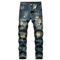 thumbnail image 1 of VEKDONE 2025 Men's Ripped Jeans Slim Fit Distressed Straight Leg Fashion Denim Pants Stretchy Ripped Skinny Biker Jeans Taped Slim Fit Denim Pants A Dark Blue,XX-Large, 1 of 9
