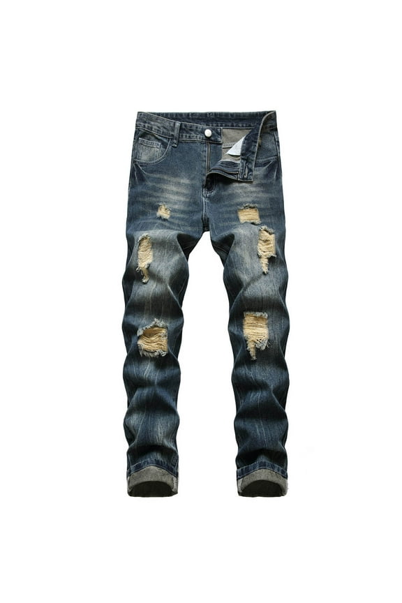 2025 Men's Ripped Jeans Slim Fit Distressed Straight Leg Fashion Denim Pants Stretchy Ripped Skinny Biker Jeans Taped Slim Fit Denim Pants A Dark Blue,Large