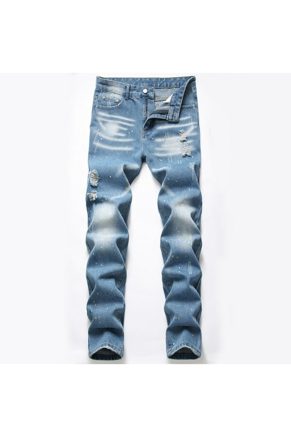 2025 Men's Ripped Paint Jeans Pants Summer Casual Motorcycle Personality Ripped Jean Slim Fit Straight Distressed Denim Trousers D Blue,Medium
