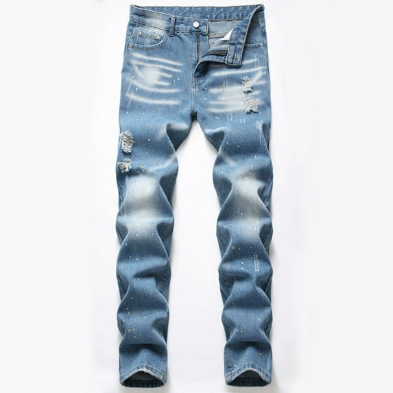 VEKDONE 2025 Men's Ripped Paint Jeans Pants Summer Casual Motorcycle Personality Ripped Jean Slim Fit Straight Distressed Denim Trousers D Blue,X-Small