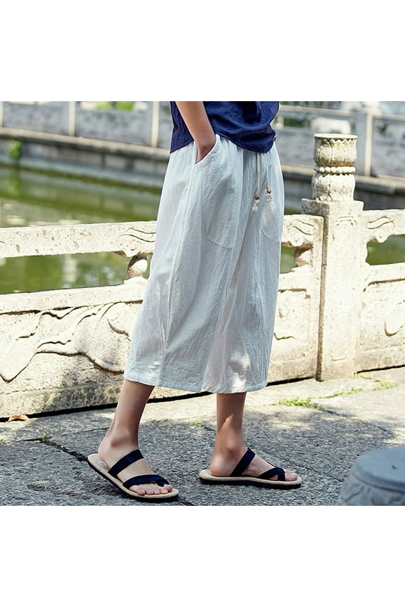 2025 Mens Capri Long Shorts Below Knee Loose Fit Elastic Drawstring Tapered Casual Linen Shorts White,XX-Large