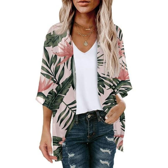VEKDONE 2025 Walmart Week Clearance Women's Boho Kimono Cardigans Beach Cover Up Lightweight Summer Crochet Top Sheer 3/4 Long Sleeve V Neck Loose Coverups Pink,L