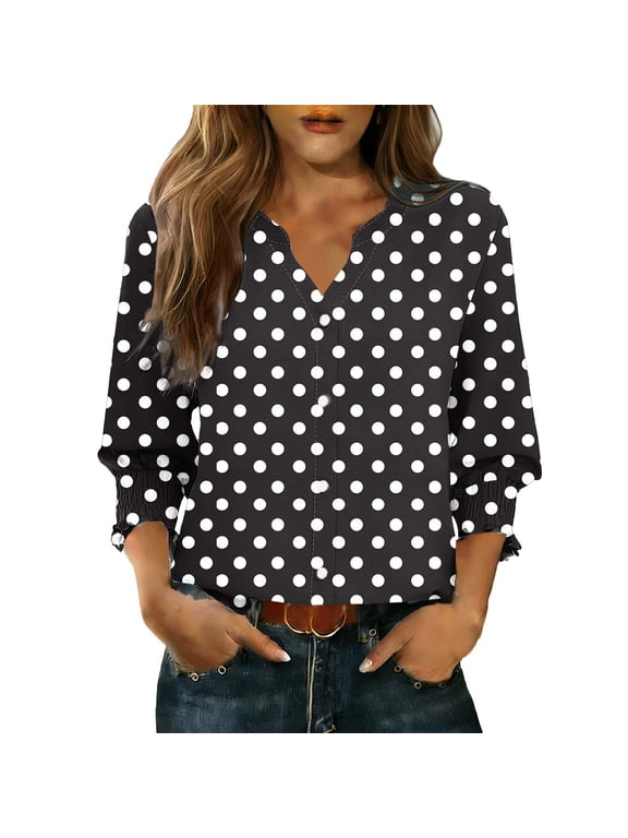 3/4 Length Sleeve Blouses for Women Dressy Business Work Tunic Tops Summer Polka Dot Print V Neck Shirt Fashion Clothes Black M