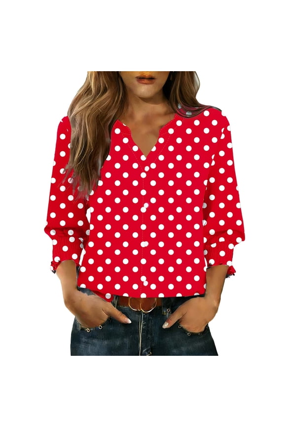3/4 Length Sleeve Blouses for Women Dressy Business Work Tunic Tops Summer Polka Dot Print V Neck Shirt Fashion Clothes Red XXL