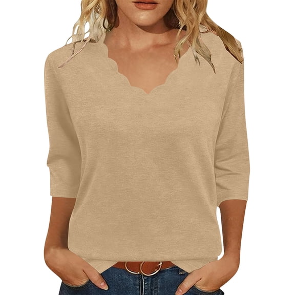 VEKDONE 3/4 Length Sleeve Shirts for Womens Dressy Casual Scalloped Trim V Neck Tunic Tops Solid Color Basic Soft Tees Business Work Blouses Khaki S