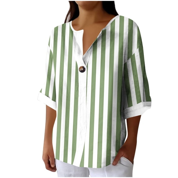 VEKDONE 3/4 Length Sleeve Stripe Tops for Women Summer Button Down V-Neck Tunic Tops Casual Loose Fit Lightweight Blouse Fashion Clothes Green S
