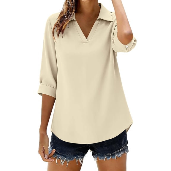 VEKDONE 3/4 Length Sleeve Tops Womens Spring Summer V Neck Collared Loose Fit Shirts Casual Solid Color Basic Tees Fashion Blouses Beige XXL