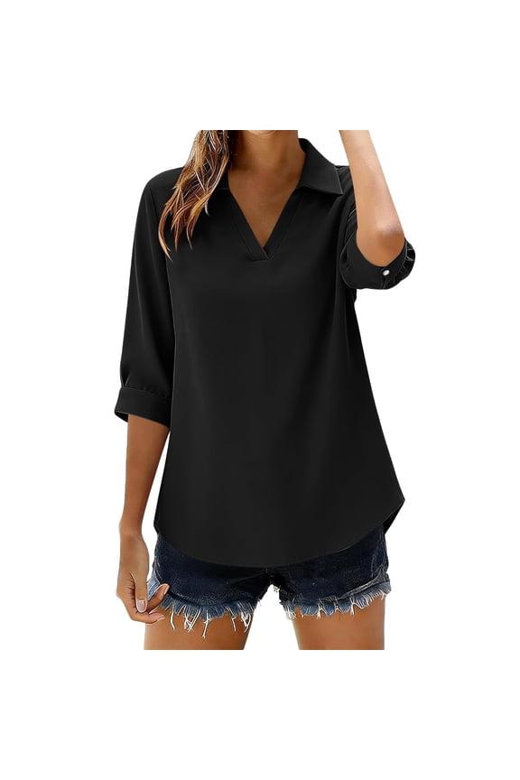 3/4 Length Sleeve Tops Womens Spring Summer V Neck Collared Loose Fit Shirts Casual Solid Color Basic Tees Fashion Blouses Black XXL