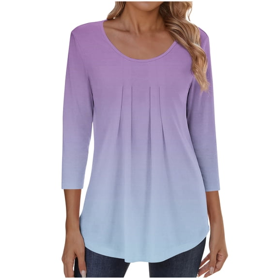 VEKDONE 3/4 Length Sleeve Tops for Women Gradient Color Pleated Crewneck Tunic Tops Casual Loose Fit Lightweight Flowy Pullover Top