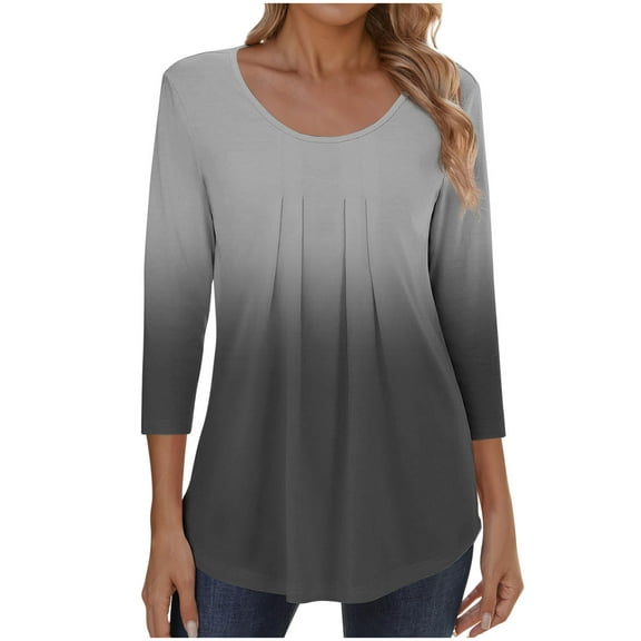 VEKDONE 3/4 Length Sleeve Tops for Women Gradient Color Pleated Crewneck Tunic Tops Casual Loose Fit Lightweight Flowy Pullover Top