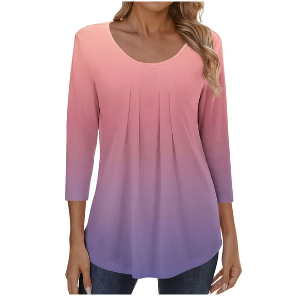 VEKDONE 3/4 Length Sleeve Tops for Women Gradient Color Pleated Crewneck Tunic Tops Casual Loose Fit Lightweight Flowy Pullover Top