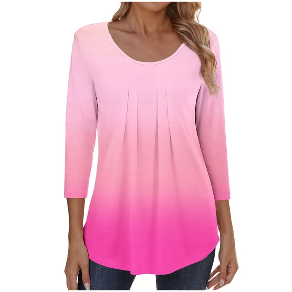 VEKDONE 3/4 Length Sleeve Tops for Women Gradient Color Pleated Crewneck Tunic Tops Casual Loose Fit Lightweight Flowy Pullover Top