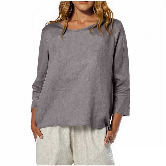 VEKDONE 3/4 Length Sleeve Tops for Women Linen Loose Fit Crewneck Pullover Top Solid Color Lightweight Lounge Blouse Curved Hem Tunic Tops