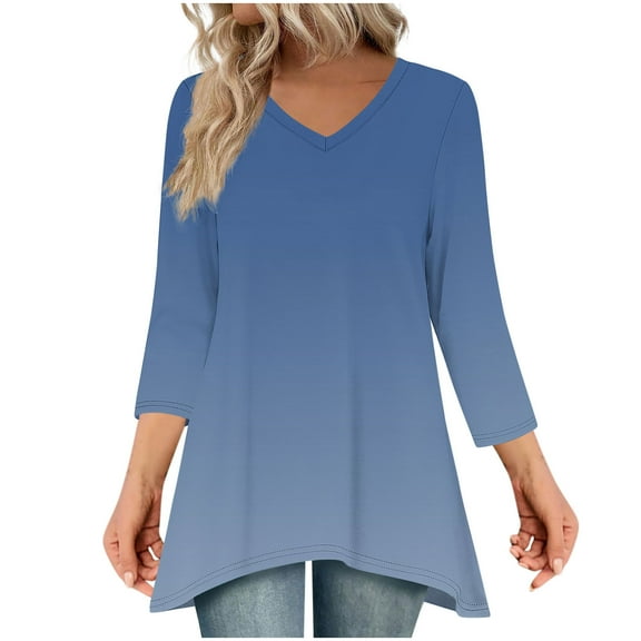 VEKDONE 3/4 Length Sleeve Tunic Tops for Women Dressy Gradient V-Neck Blouse Fall Loose Fit Lightweight Flowy T-Shirts Casual Comfy Shirts