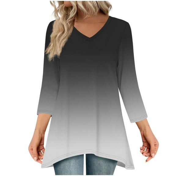 VEKDONE 3/4 Length Sleeve Tunic Tops for Women Dressy Gradient V-Neck Blouse Fall Loose Fit Lightweight Flowy T-Shirts Casual Comfy Shirts