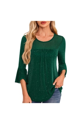 3/4 Length Sleeve Womens Tops, Summer Sparkly Sequin Ruffle Casual Round Neck Shirts Double Layers Mesh Tunic Tops Green S
