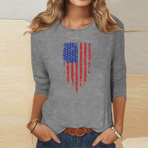 VEKDONE 3/4 Sleeve Crewneck Tunics Tops for Women July 4th Independence Day Patriotic Blouse American Flag Graphic Tees Casual Lightweight Pullover Top