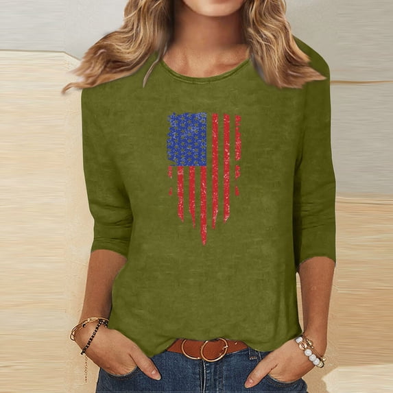 VEKDONE 3/4 Sleeve Crewneck Tunics Tops for Women July 4th Independence Day Patriotic Blouse American Flag Graphic Tees Casual Lightweight Pullover Top