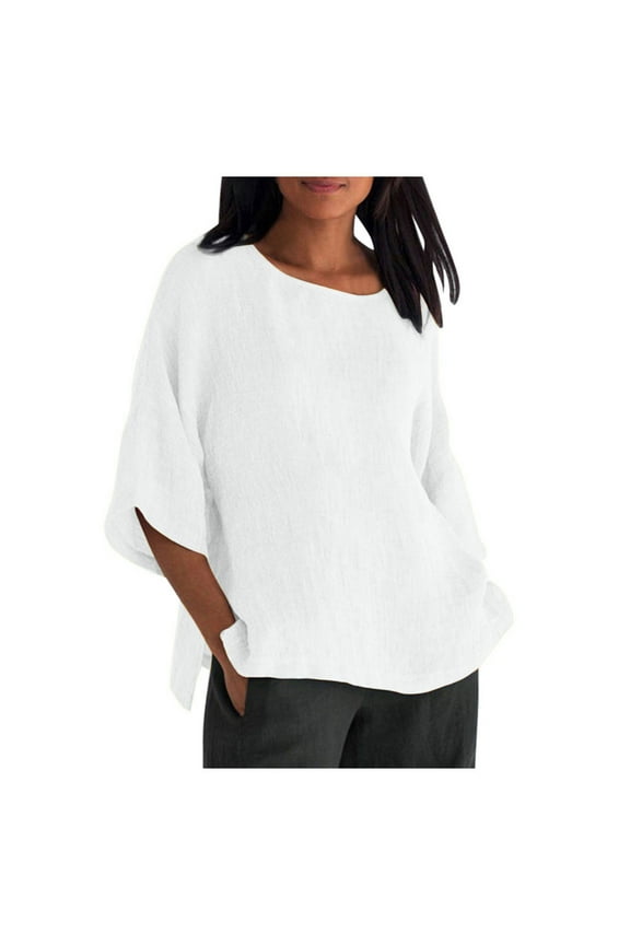 3/4 Sleeve Gauze Tshirts for Women Cotton Linen Crewneck Blouse Summer Loose Fit Plus Size Side Slit Tops Solid Color Comfy Shirts 2025