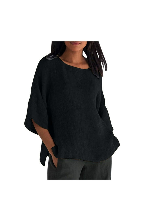 3/4 Sleeve Gauze Tshirts for Women Cotton Linen Crewneck Blouse Summer Loose Fit Plus Size Side Slit Tops Solid Color Comfy Shirts