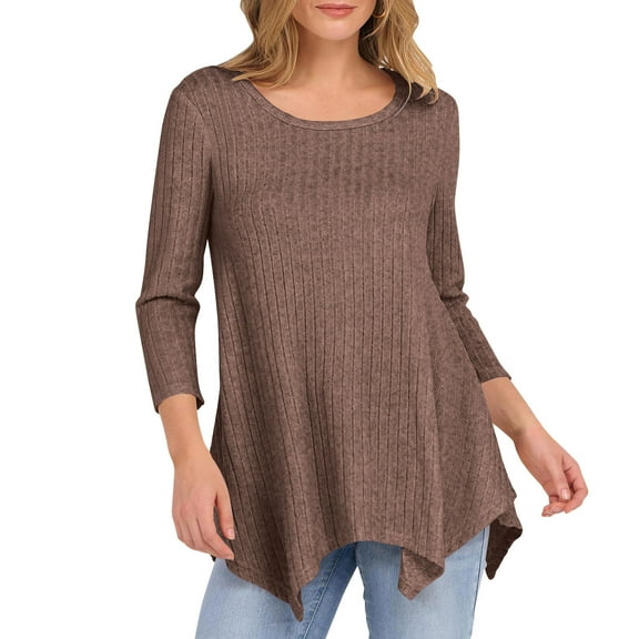 VEKDONE 3/4 Sleeve Knit Tops for Women Ribbed Knit Pullover Sweaters Fall Loose Fit Crewneck Tops Fashion Irregular Hem Crochet Jumper