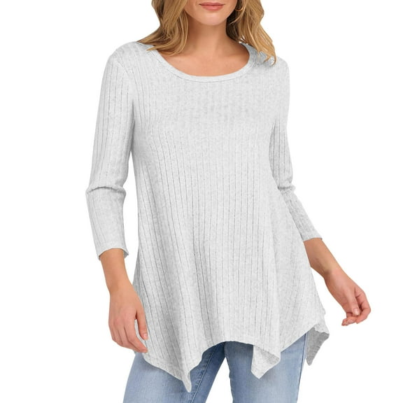 VEKDONE 3/4 Sleeve Knit Tops for Women Ribbed Knit Pullover Sweaters Fall Loose Fit Crewneck Tops Fashion Irregular Hem Crochet Jumper